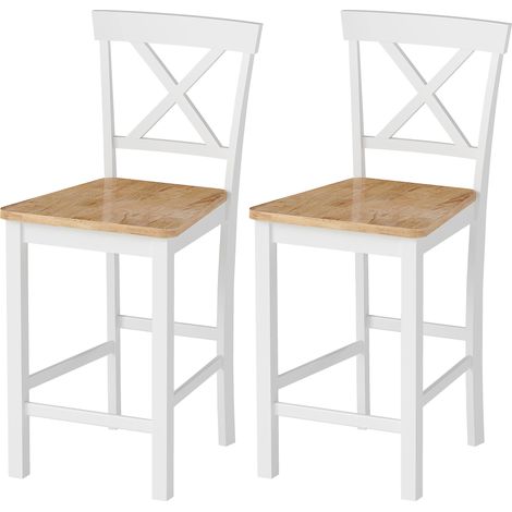 Ensemble de 2 tabourets de bar avec dossier et repose-pieds, en bois d'hévéa, pour cuisine, salle à manger, bar, chêne et blanc