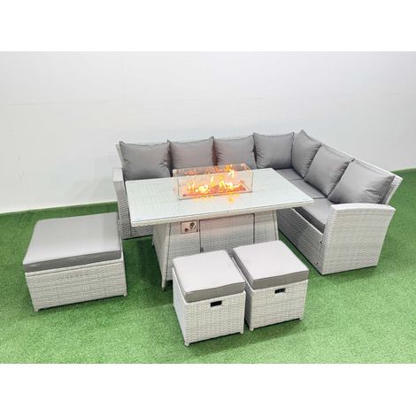 Fimous 9 Seat Rattan Garden Furniture Corner Sofa Set Outdoor Gas Fire Pit Table Set with 3 Footstools Light Grey (1/4)