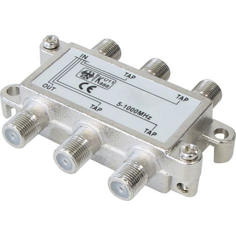 4-way tap screening 120 db, for digital signals, f-jack - 5x f-jack, consumer digital series 5 - 1200 mhz,
through loss: at 500 mhz: 2,7 db, tap loss: at 500 mhz: 18,0 db ± 1,0