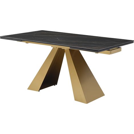 Vente-Unique – Table à manger extensible 6 à 10 personnes – Verre trempé et céramique effet marbre noir et doré – Piètement métal design (1/5)
