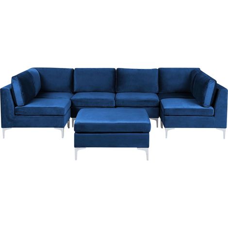 Modular U-Shape Sofa 6 Seater EVJA Velvet Navy Blue with Ottoman (1/5)