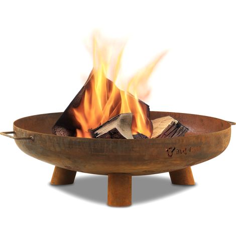 Bbq-Toro – Brasero d'extérieur Ø 70 cm en acier – Aspect rouille – 3 pieds et 2 poignées – Foyer pour bois et charbon – Transport facile