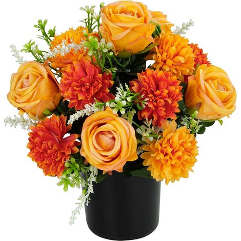 Artificial Grave Flowers for Cemetery Chrysanthemums and Artificial Roses Grave Pot Memorial Flowers Decorative Grave Pot Outdoor Indoor Decoration (1, Orange) (1/5)