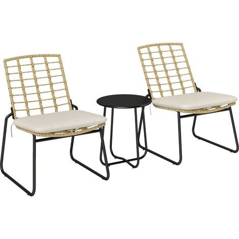Ensemble de jardin bistro 3 pièces : 2 chaises rotin + 1 table plateau métallique, livré avec coussins d'assise, tons beige et marron (1/5)