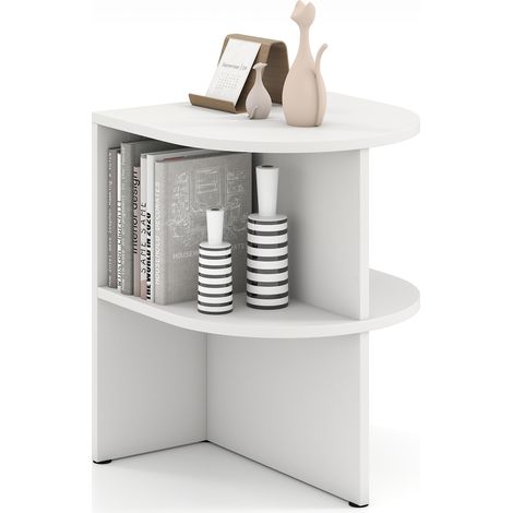 COSTWAY 2-Tier Wooden Nightstand Sofa End Table Half Round Side Table-White