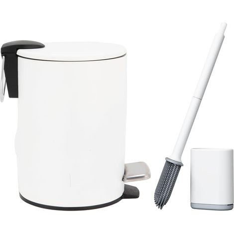 Poubelles de Salle de Bain 3L avec brosse WC, Petite Poubelle à Pédale en Acier Blanche, Corbeille de Cuisine Fine, Poubelle avec Couvercle et Seau Intérieur, pour Espace étroit (1/5)