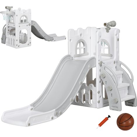 Toboggan enfant 5 en 1 avec panier de basket, structure d'escalade, poteau télescopique et espace de rangement, 70 x 177 x 92 cm, gris (1/5)