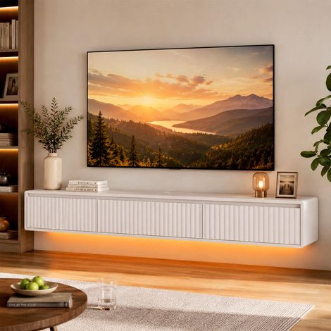 Meuble TV Suspendu Flottant 160 cm Éclairage LED et Prises Blanc (1/5)