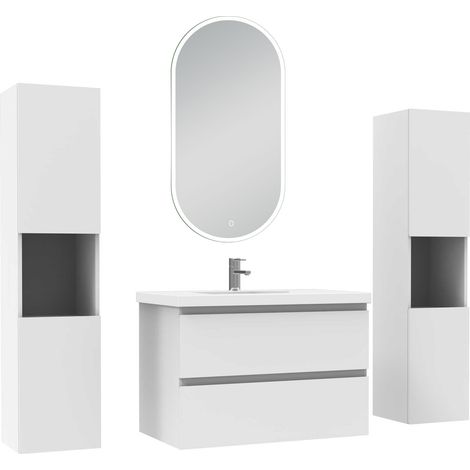 Acezanble ensemble meubles Salle de Bain 80cm colonne + vasque + miroir lumineux Blanc