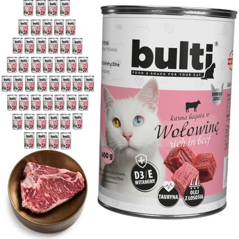 Alimento húmedo para gatos BULTI sabor ternera, lata de 48 x 400 g. Completo. (1/2)