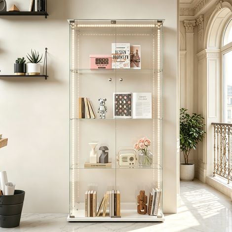 Vitrine en verre trempé 4 niveaux, Éclairage LED réglable, présentoir à double porte avec serrure, Protection anti-basculement – Dimensions 78.5x35x163 cm (1/5)