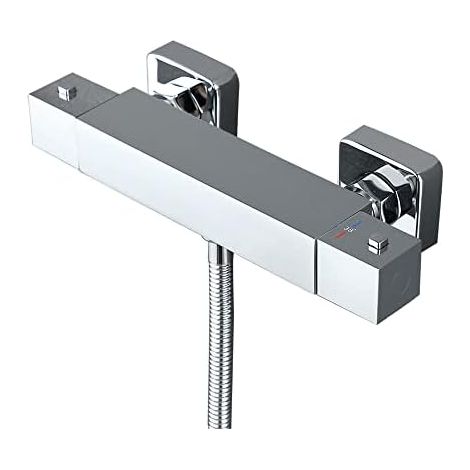 Mitigeur Thermostatique Douche - Robinet Carré En Laiton - Sécurité 38°C - Finition Chrome - Pour Salle De Bain - 1 Pièce (1/5)