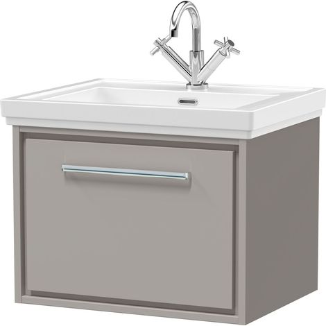 Balterley Longnor Modern Bathroom Wall Hung Single Drawer Vanity Unit with Fireclay Basin, Pebble Grey, 600mm