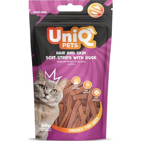Uniq Pets  Snack morbidi per gatti  Confezione da 50 g - Pelo e pelle - Strisce morbide di anatra 50 g