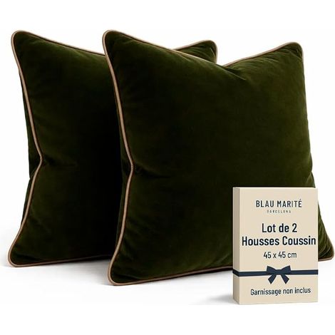 Soft Velvet Cushion Covers with Contrast Piping Cushion for Sofa, Bed and Decoration for Living Room and Bedroom Green and Camel, 45 x 45 cm (1/5)