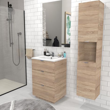 Meuble sous vasque MARBELLA 60 cm + vasque + miroir + colonne / Décor Chêne blanchi/