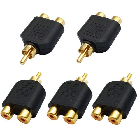 RCA Y Splitter Adapter, Gold Plated 1 RCA Male to 2 RCA Female Audio Video Connector AV Audio Video Converter (5 Pack)