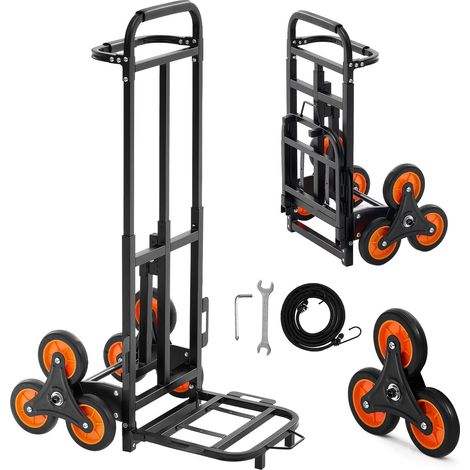 Chariot de montée d'escaliers, capacité 100 kg, pliable renforcé avec poignée télescopique, 6 roues et 2 élastiques, pour courses et entrepôt. (1/5)