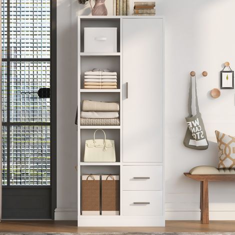Armoire 1 porte 70x50x170cm avec 2 penderies étagères tiroirs et rangement compact - Bois - Blanc (1/5)