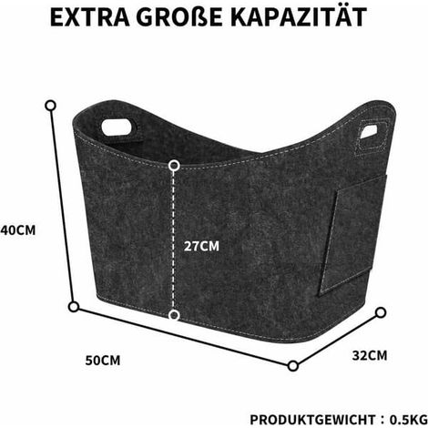Vedkorg, Filt Vedkorg, Vikbar Filt Vedkorg, Eldstad Vedväska för Ved, Tidningar, Ved, 53x30x40cm, Mörkgrå