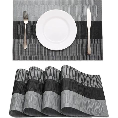 Set mit 4 schwarzen, gewebten Vinyl-Tischsets, hitzebeständig, abwaschbar und rutschfest, zur Dekoration von Küchentischen, Esszimmern, drinnen oder draußen