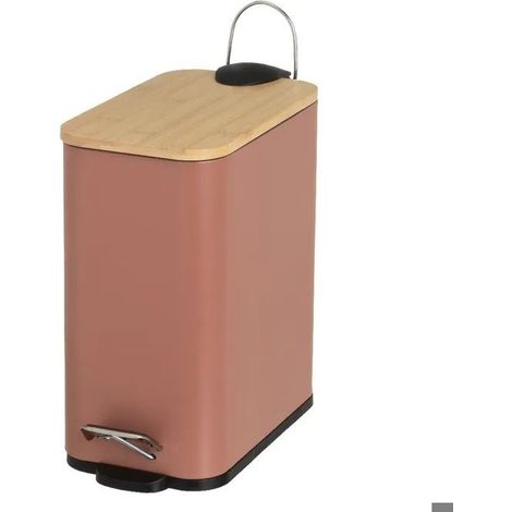 Poubelle à Pédale 5L en Métal Terracotta et Couvercle en Bambou avec Seau Intérieur -Longueur 25 x Profondeur 14 x Hauteur 27cm (1/5)