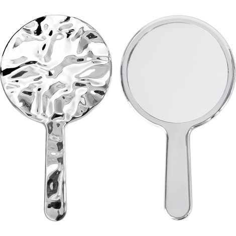 Runder Handspiegel – 1 Stück – Silbernes ABS – Ergonomischer Griff – Für Kosmetikstudio, Friseursalon oder unterwegs – 15,8 x 9 cm (1/5)