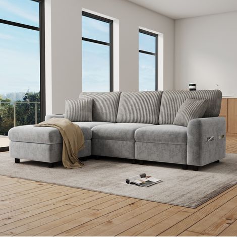 Sofá con puff y carga USB chenilla 223 cm OKMYHOME (1/5)