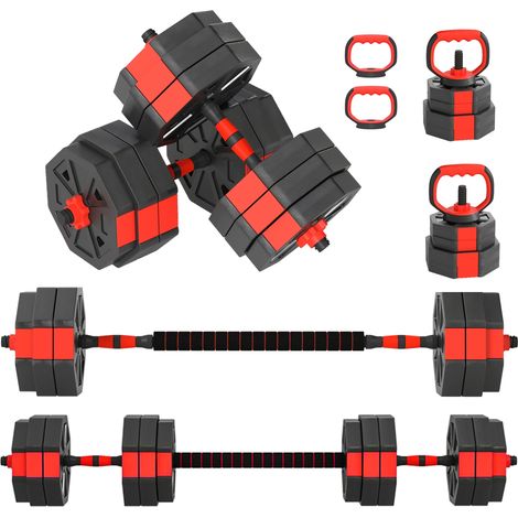 Kit de musculation 6 en 1 de 30 kg. convertible en kettlebell. comprenant 2 haltères. une barre et un support pour pompes. rouge. (1/5)