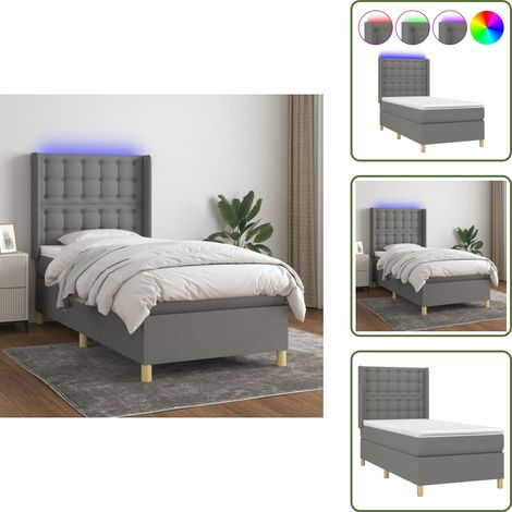 Cama gris oscuro - vidaXL Cama box spring colchón y luces LED tela gris oscuro 100x200 cm - Cama con cabecero ajustable