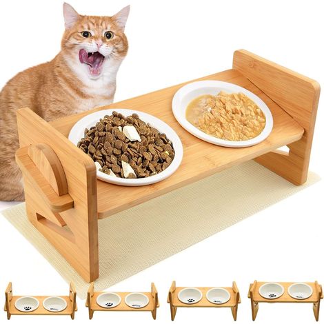 Gamelle Chat Surélevée,Ceramique Gamelle Surelevee pour Chats et Petits Chiens, Bois Réglable avec 2 Bols en céramique et Tapis antidérapants