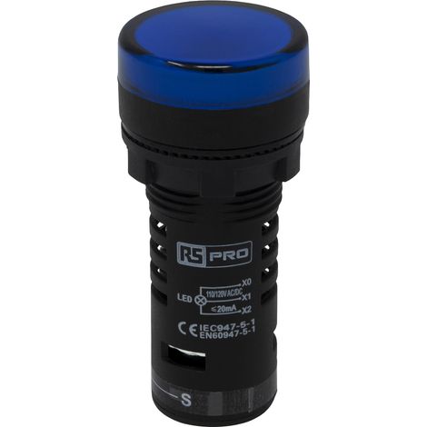 Voyant lumineux complet avec circuit de test LED RS PRO Bleu 120 V c.a./c.c., Ø découpe 22mm, IP65 ( Prix pour 1 ) (1/4)