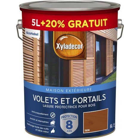 Lasure Protectrice pour Bois Extérieur Acrylique - Volets, Portails, Portes, Fenêtres - Couleur : Satin Teck - Quantité : 5L plus 20% gratuit (1/5)
