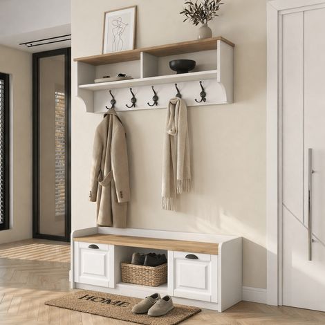 Möbelset Garderobe - Schuhschrank - Melamin Weiß-Eiche - Hally
