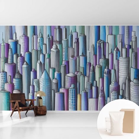 Tapete Vliestapete mit Kleber- abwaschbar - Raumgestaltung Schlafzimmer Wohnzimmer Tapete Stadthochhäuser 416x254 cm (1/5)