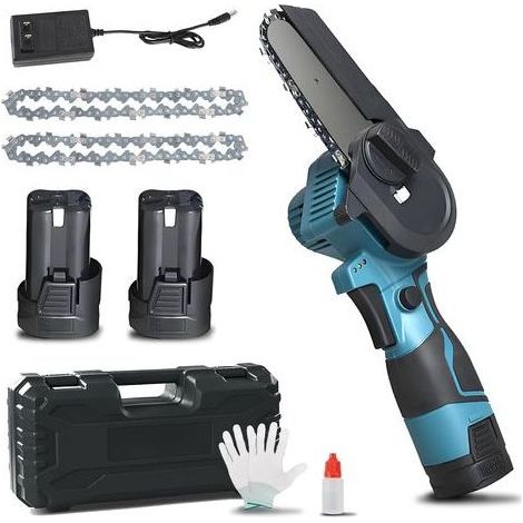 Mini-Akku-Kettensäge – 10 cm (4 Zoll) – 16,8 V – 1280 U/min – Zum Beschneiden und Schneiden von Holz – 2 x 1500 mAh Akkus im Lieferumfang enthalten – EU-Stecker – Blau (1/5)