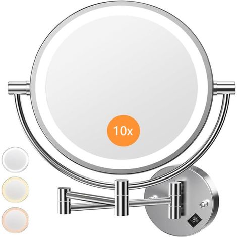 8 Pouces Miroir Grossissant Lumineux Mural x30, Miroir Grossissant Mural avec 3 Couleurs, 1X/10X Grossissement Charge avec Plug EU, 360° Pivotant et Extensible pour Salle de Bain