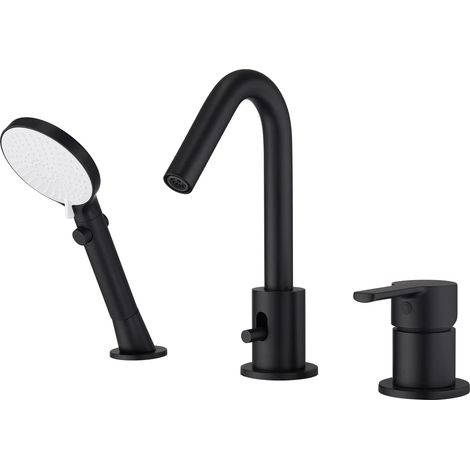 Robinet Baignoire 3 Trous, Mitigeur 3 Trous Baignoire avec Pommeau de Douchette Extractible, Robinetterie de Baignoire 3 T avec Inverseur, Noir Mat (1/5)