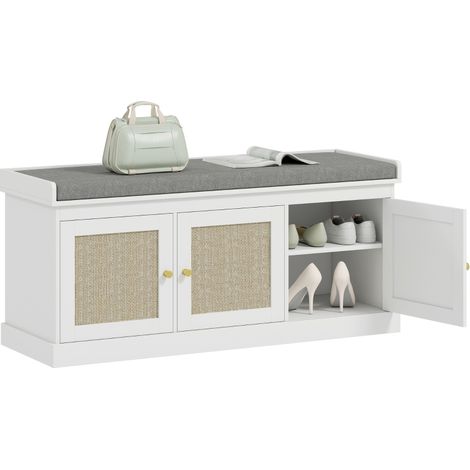 Banc chaussures entrée 9 paires, banc de rangement, 3 portes en rotin, coussin et étagère réglable, 105x35x47cm, blanc (1/5)