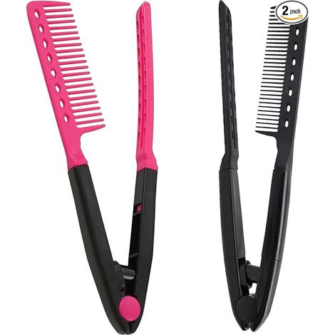 V-Shaped Hair Straightening Brushes, 2 Pack – Anti-Frizz Heat-Resistant Styling Comb for Home & Salon Use (Black Handle Pink Teeth & All Black)