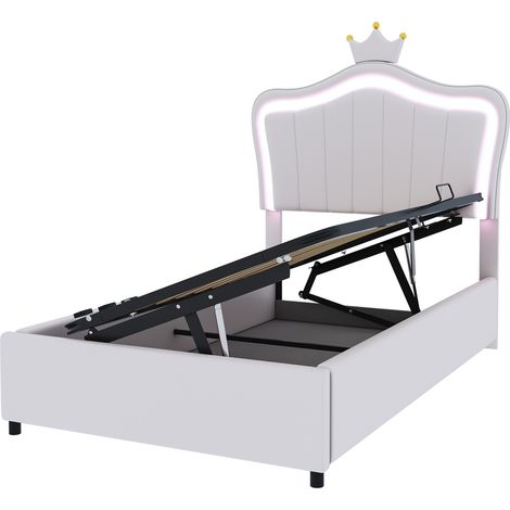 Cama tapizada infantil 90x200 cm con LED, cabecero ajustable, blanco, HOMVRA (1/5)