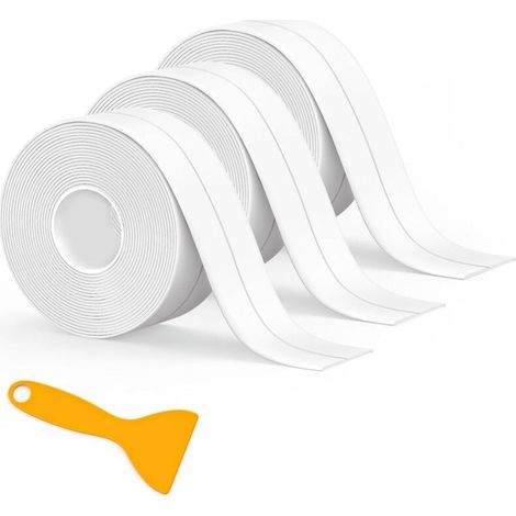 3 Pièces Rouleau Joint Silicone Blanc Salle De Bain, Ruban Adhésif Blanc Cuisine Ruban D'Étanchéité, Anti-Fuite Adapté À De Salle De Bains, Toilettes,Nombreuses Occasions (320 3,8Cm) (1/4)