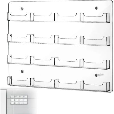 Mensola portaoggetti da parete in acrilico con 16 scomparti trasparenti, ideale per esporre carte e adesivi. Dimensioni: 40x30 cm. Fori preforati inclusi. (1/3)