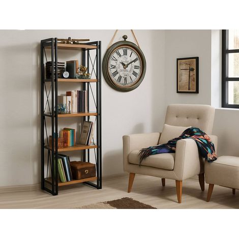 Dmora - Bücherregal Dpig, Büroregal, Mobiler Buchhalter, Bücherbrett, 60x35h180 cm, Eiche und Schwarz (1/4)