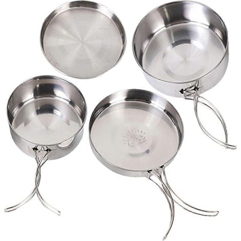 Batterie de cuisine de camping en acier inoxydable, ensemble de 4 casseroles et poêles - Compacte, pratique et polyvalente (1/5)