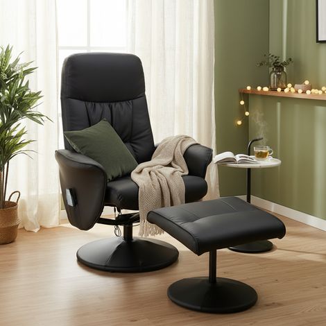 Fauteuil massant avec pouf repose‑pieds, inclinable 145°, pivotant, 10 points massage, noir (1/5)