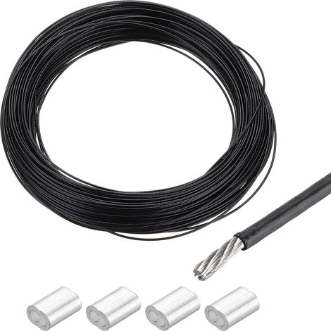 20M 304 Stainless Steel Cable 1/32" (0.8 mm) Vinyl Coated Black 66 ft (20 m) with 4 aluminium sleeves for hanging, washing ropes, lifting, (1/5)