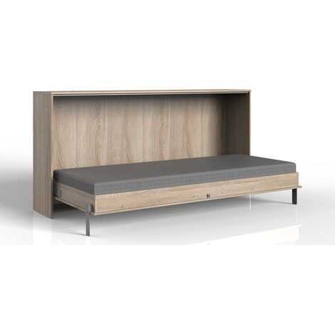 Pegane – Lit escamotable horizontal 90x200 cm – Panneaux mélaminés imitation chêne – Longueur 212 cm, Hauteur 105 cm, Profondeur 43-117 cm (1/4)