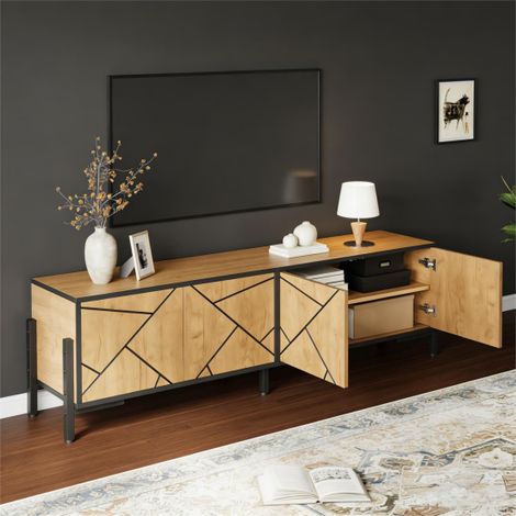 Meuble TV 153x40x50 cm 4 portes support 65 pouces design géométrique bois naturel lignes noires