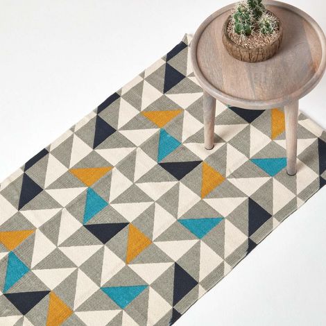 HOMESCAPES Copenhagen Blue, Yellow and Grey 100% Cotton Geometric Style Scandi Printed Rug, 66 x 200 cm